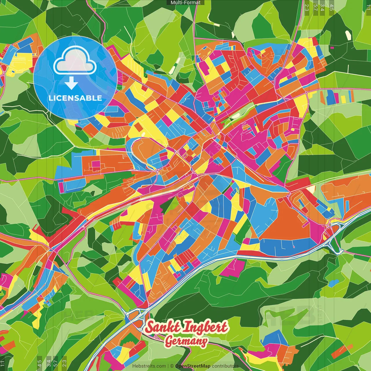 Sankt Ingbert, Saarland, Germany Crazy Colorful Street Map Poster Template