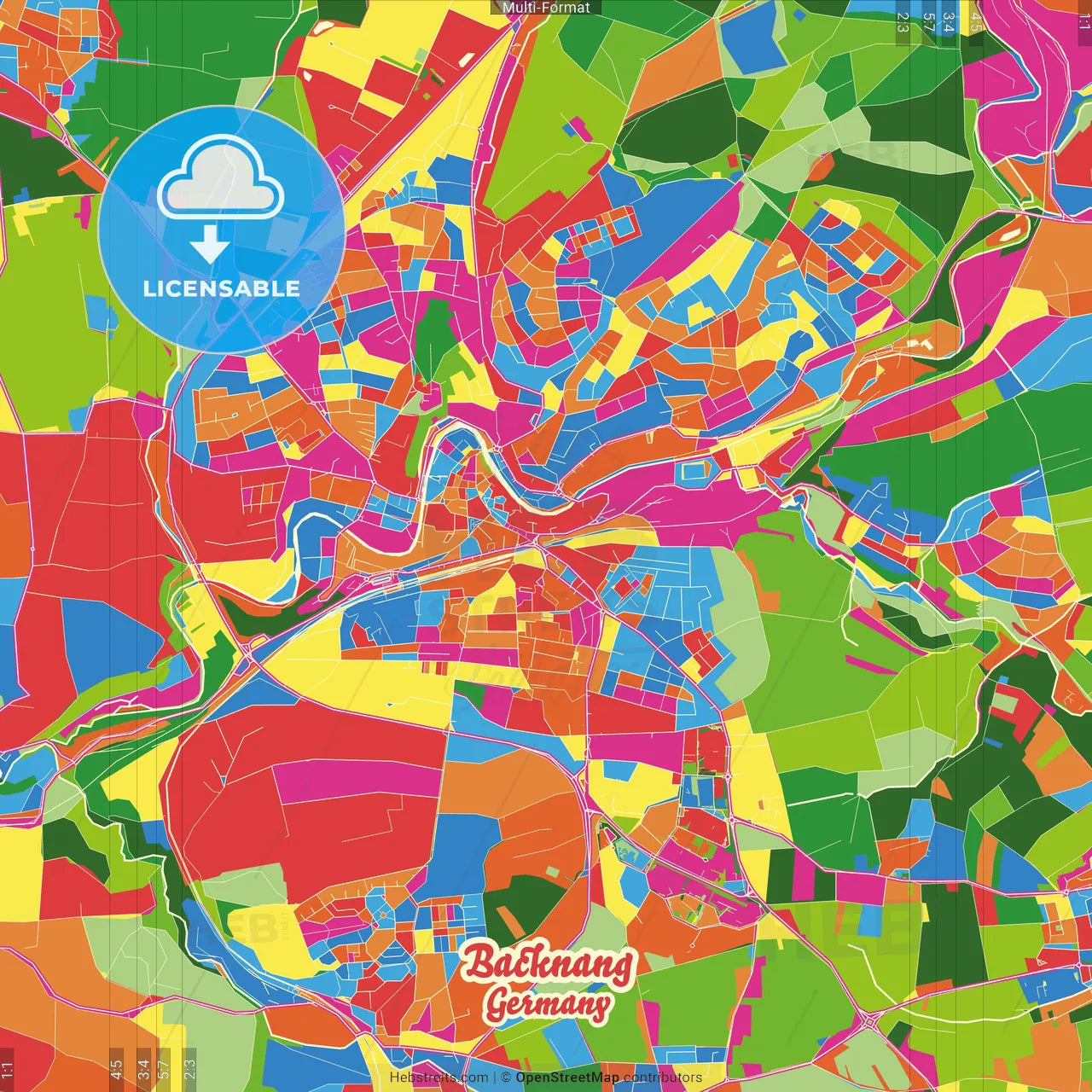 Backnang, Baden-Wuerttemberg, Germany Crazy Colorful Street Map Poster Template