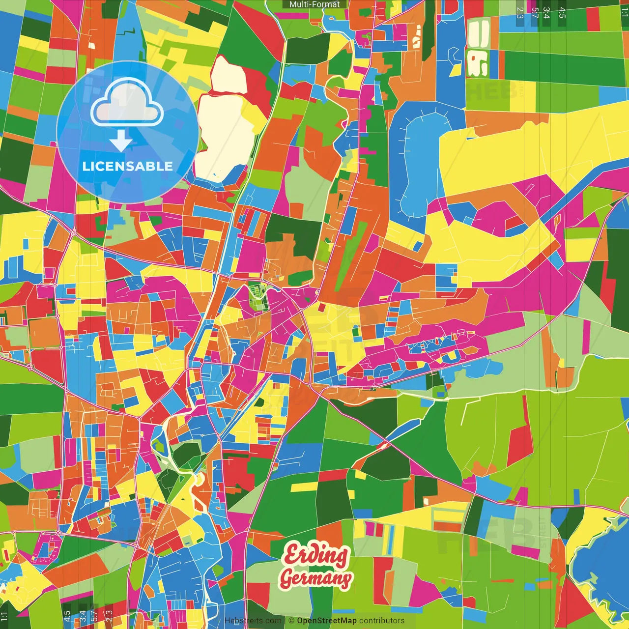 Erding, Bavaria, Germany Crazy Colorful Street Map Poster Template