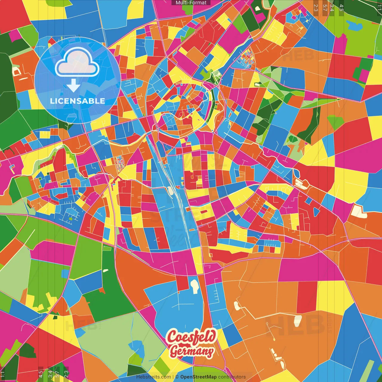 Coesfeld, North Rhine-Westphalia, Germany Crazy Colorful Street Map Poster Template