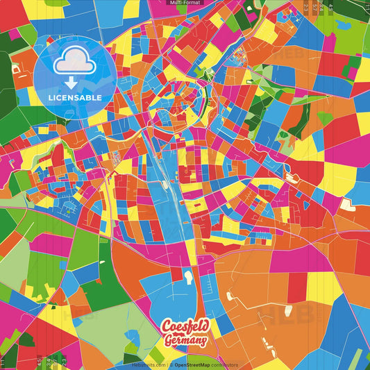 Coesfeld, North Rhine-Westphalia, Germany Crazy Colorful Street Map Poster Template