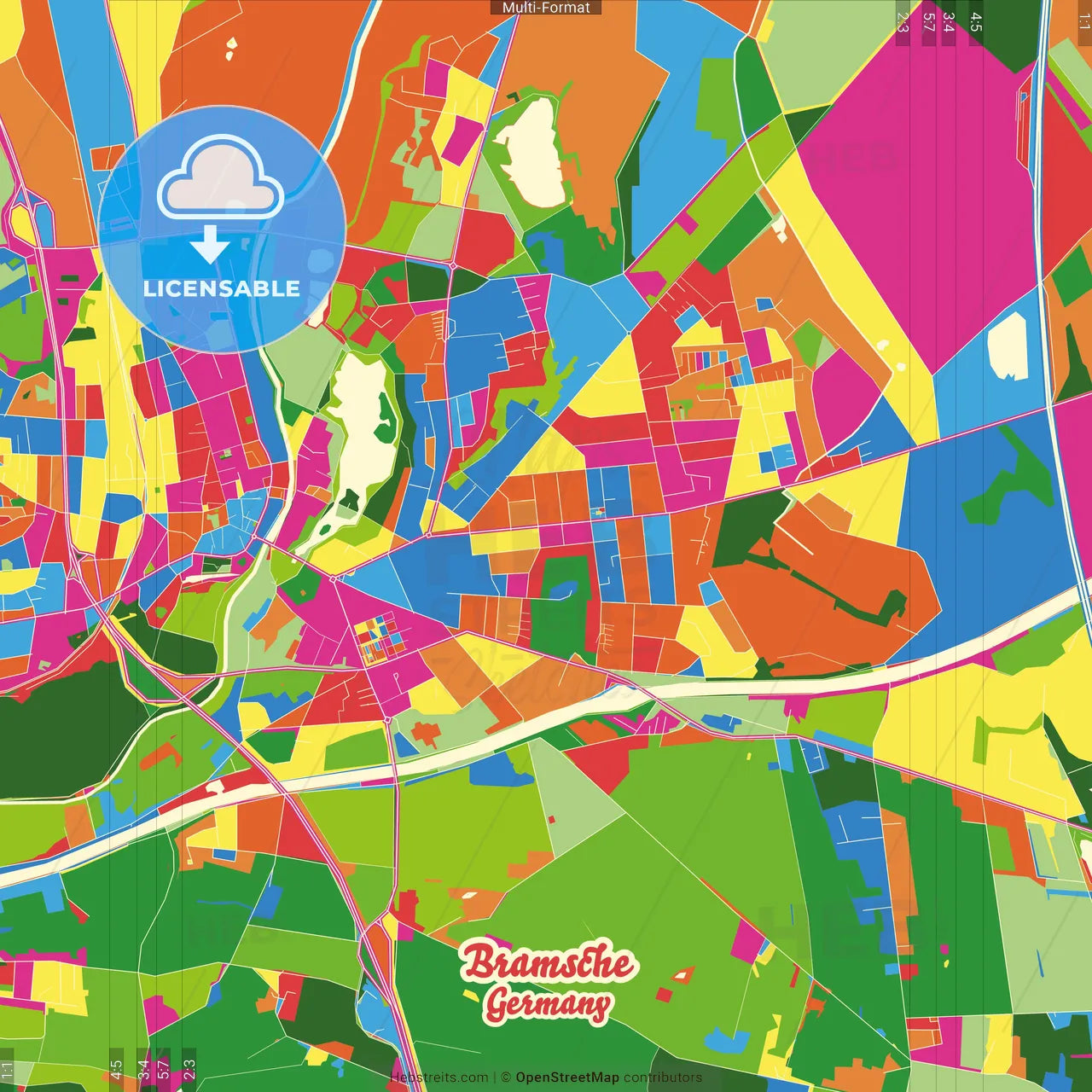 Bramsche, Lower Saxony, Germany Crazy Colorful Street Map Poster Template