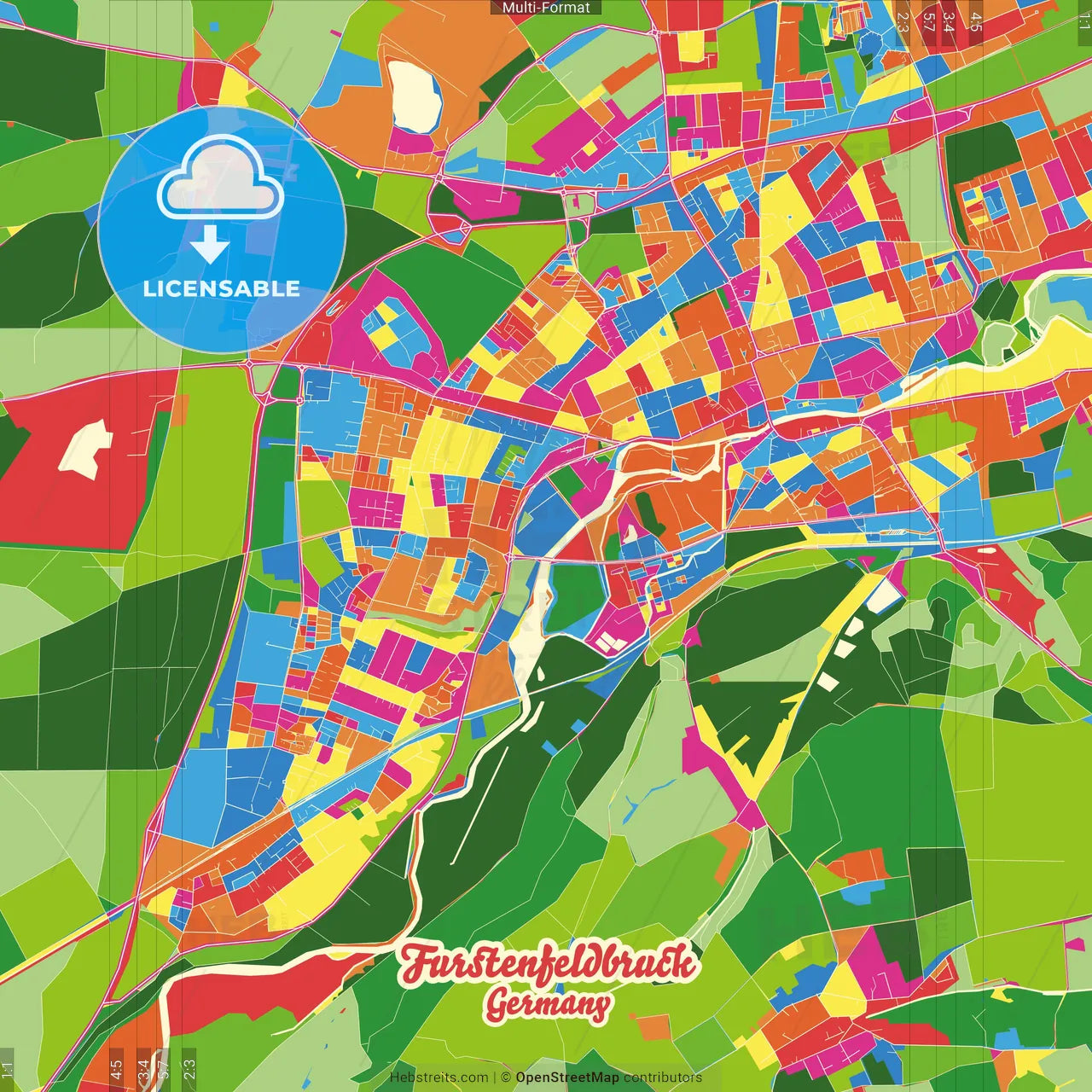 Furstenfeldbruck, Bavaria, Germany Crazy Colorful Street Map Poster Template