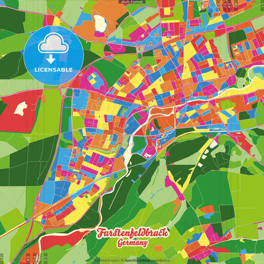Furstenfeldbruck, Bavaria, Germany Crazy Colorful Street Map Poster Template