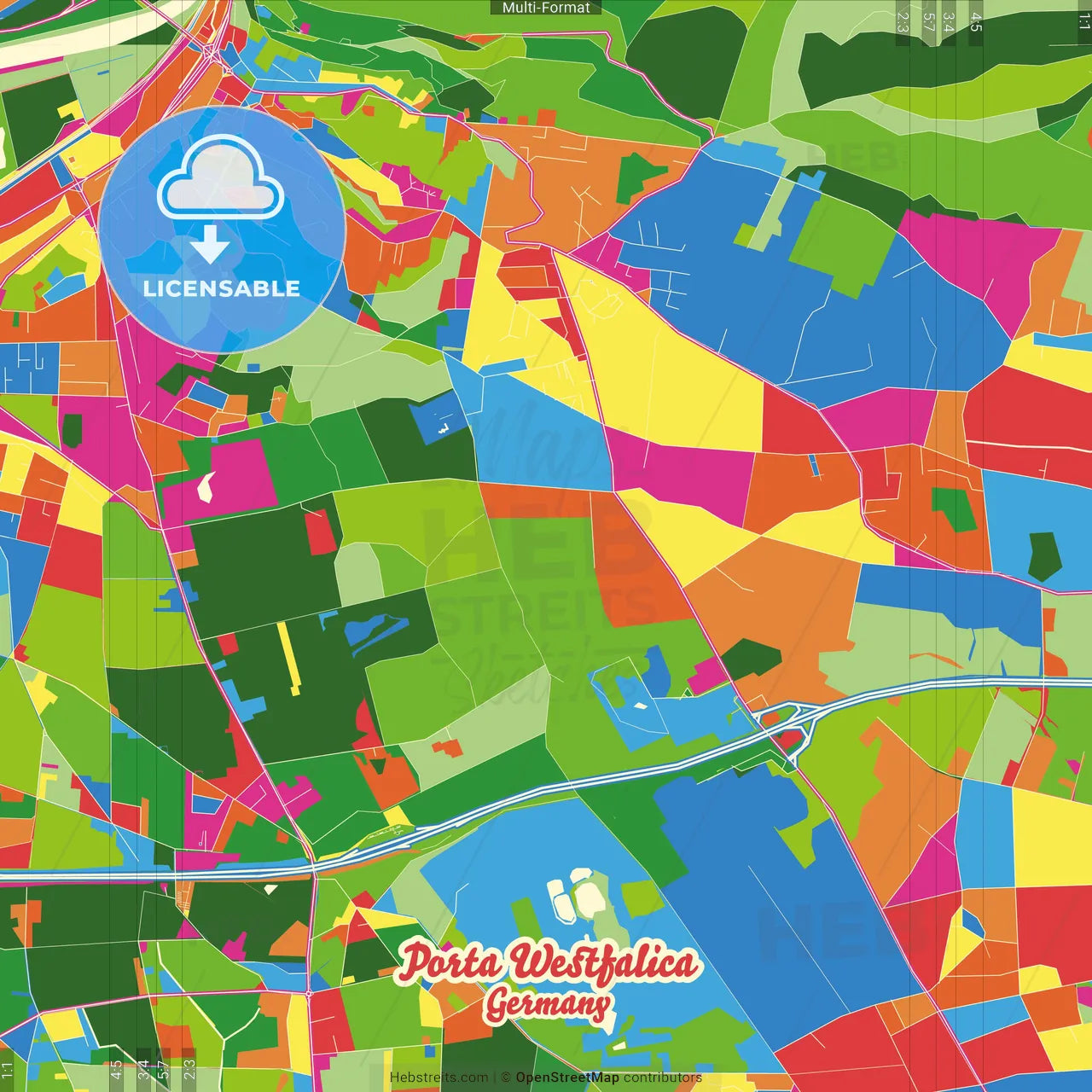 Porta Westfalica, North Rhine-Westphalia, Germany Crazy Colorful Street Map Poster Template