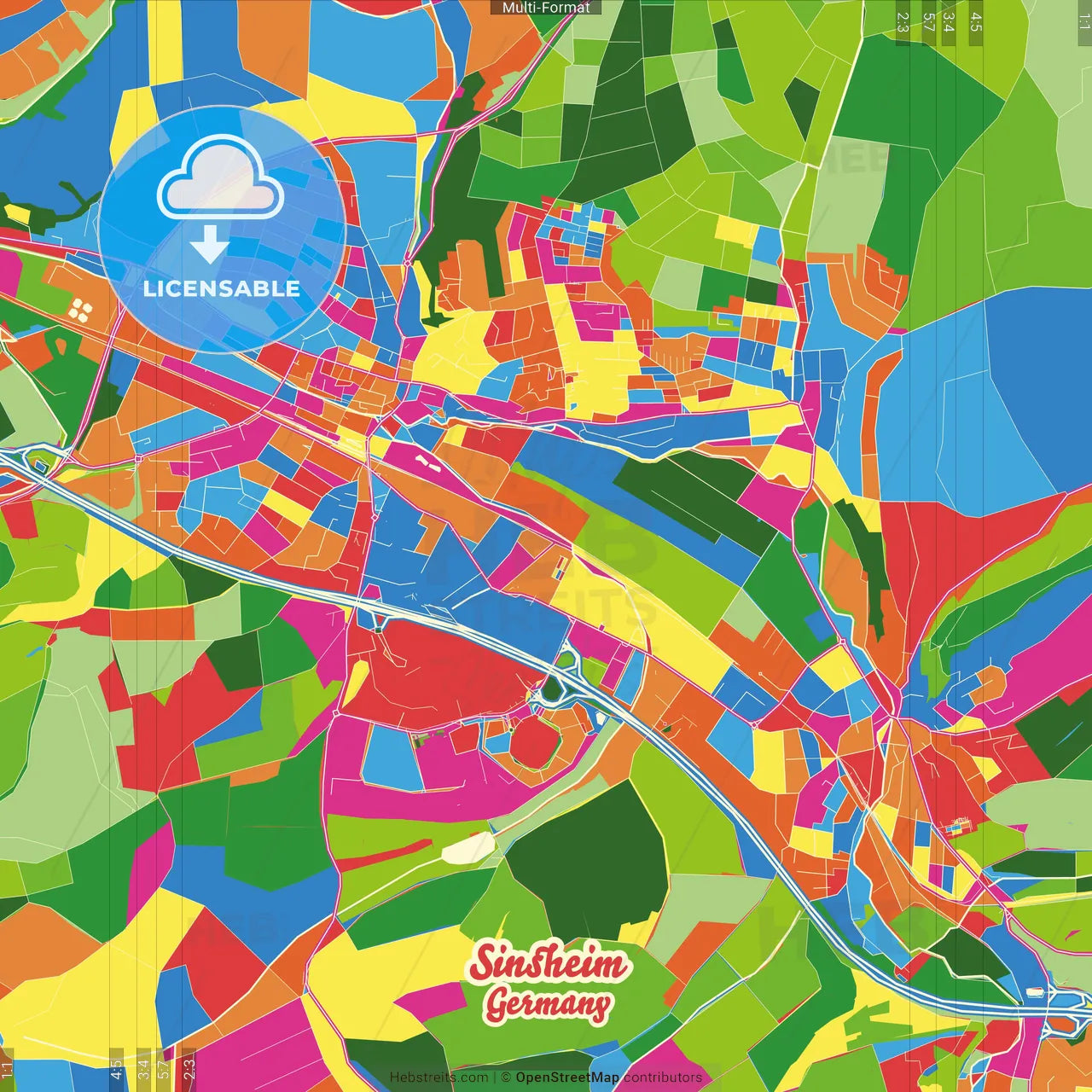 Sinsheim, Baden-Wuerttemberg, Germany Crazy Colorful Street Map Poster Template
