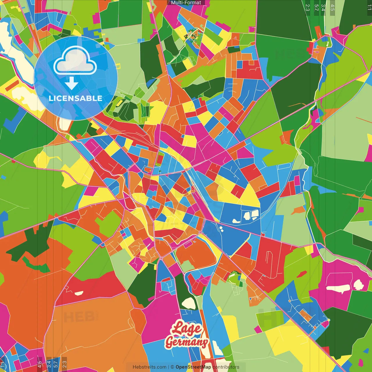 Lage, North Rhine-Westphalia, Germany Crazy Colorful Street Map Poster Template