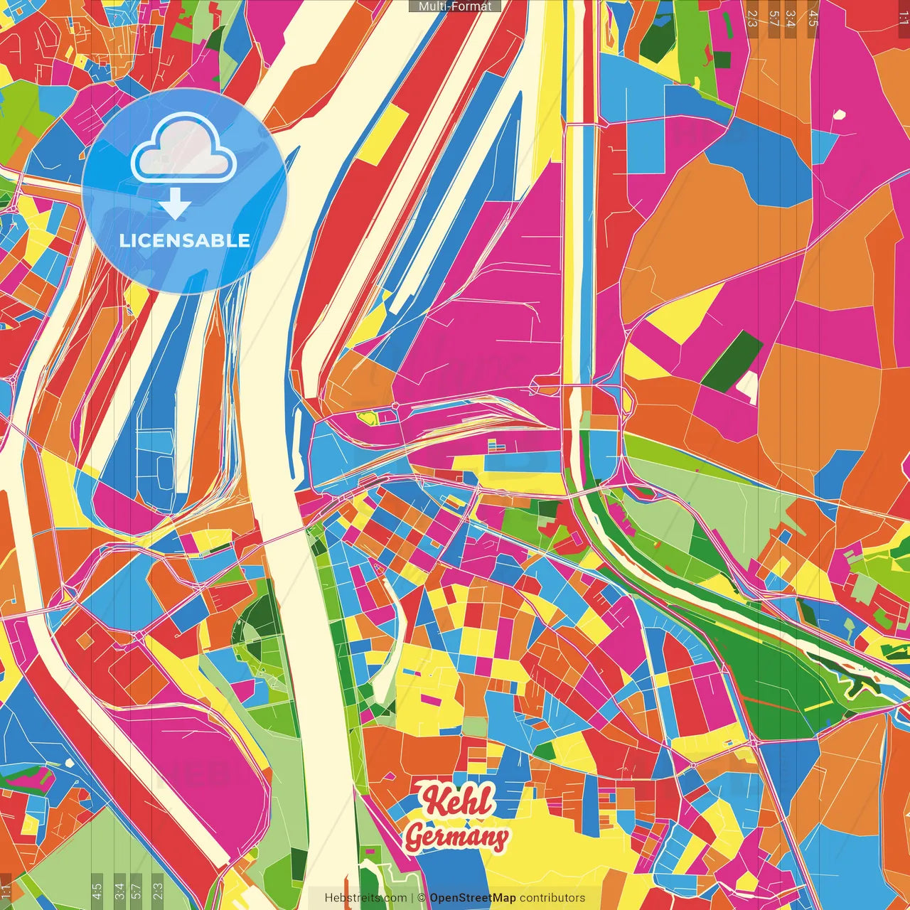 Kehl, Baden-Wuerttemberg, Germany Crazy Colorful Street Map Poster Template