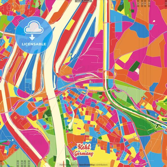 Kehl, Baden-Wuerttemberg, Germany Crazy Colorful Street Map Poster Template