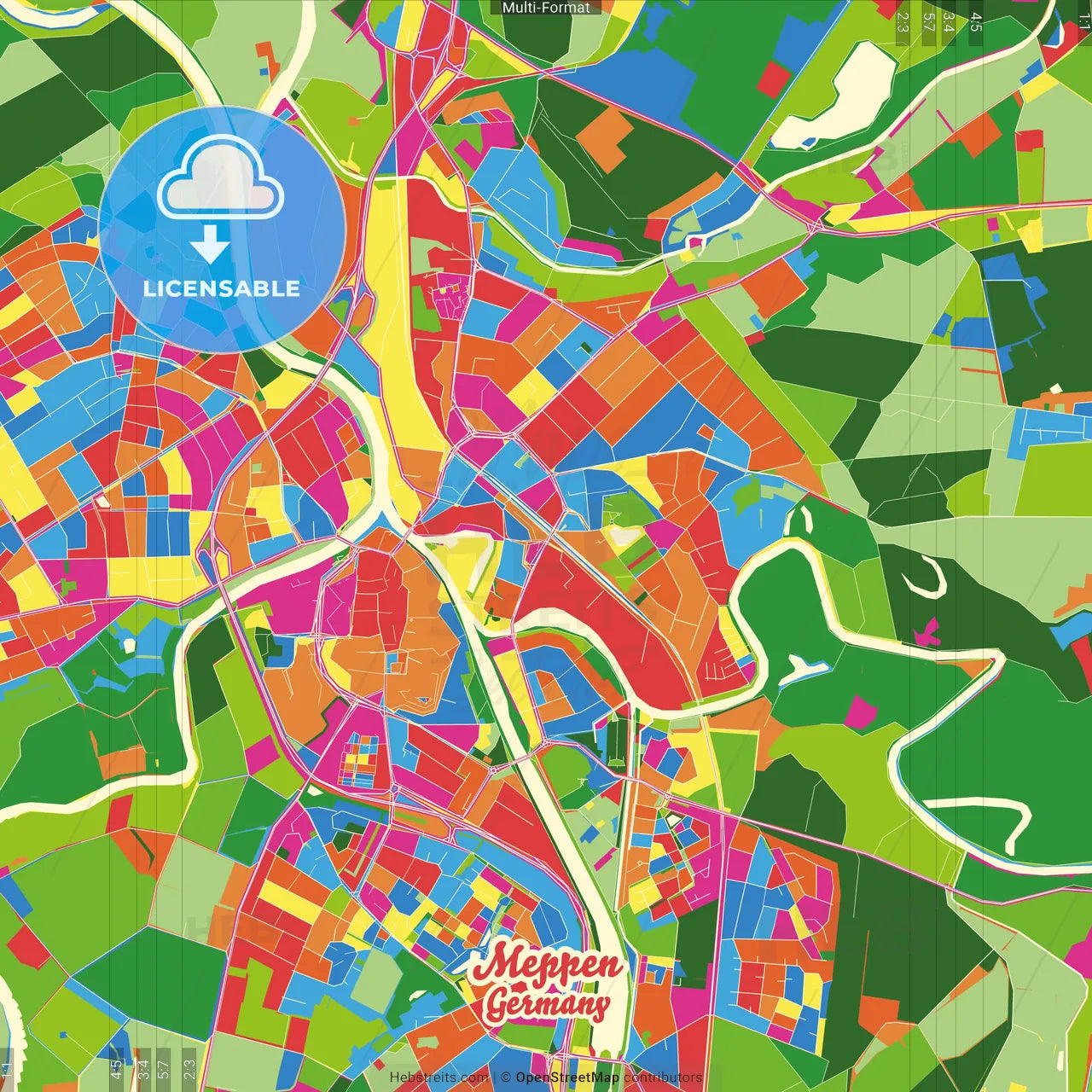 Meppen, Lower Saxony, Germany Crazy Colorful Street Map Poster Template