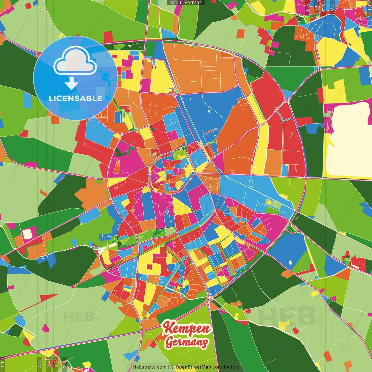 Kempen, North Rhine-Westphalia, Germany Crazy Colorful Street Map Poster Template