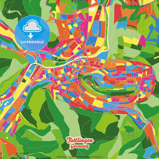 Tuttlingen, Baden-Wuerttemberg, Germany Crazy Colorful Street Map Poster Template