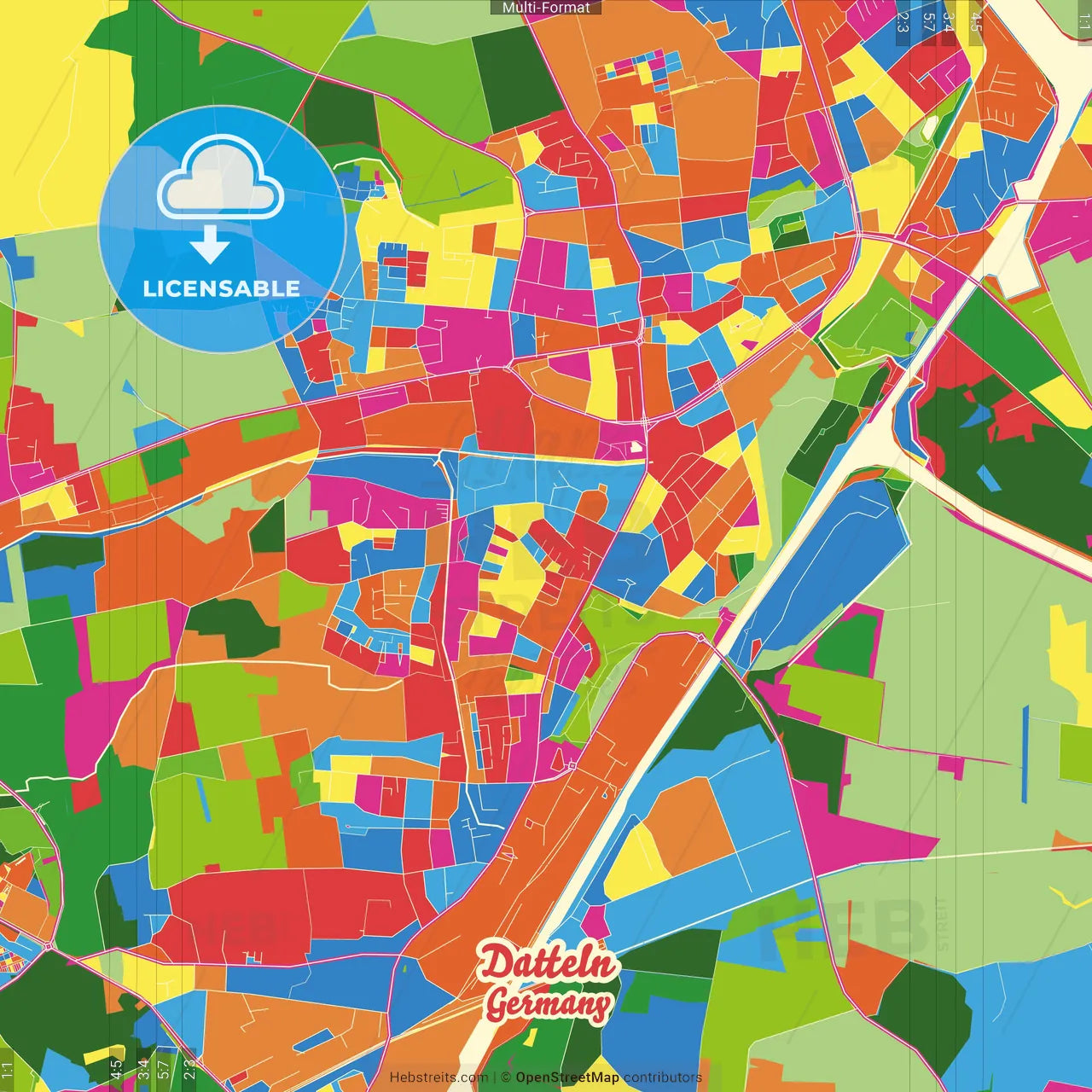 Datteln, North Rhine-Westphalia, Germany Crazy Colorful Street Map Poster Template