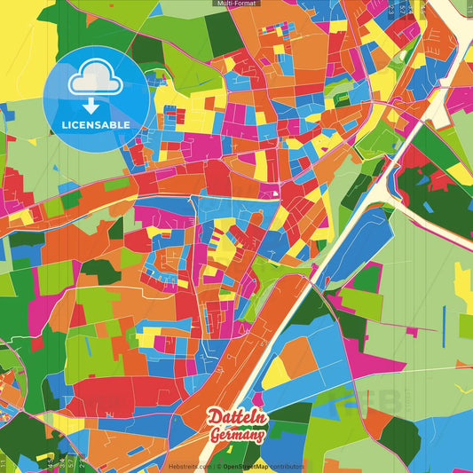 Datteln, North Rhine-Westphalia, Germany Crazy Colorful Street Map Poster Template