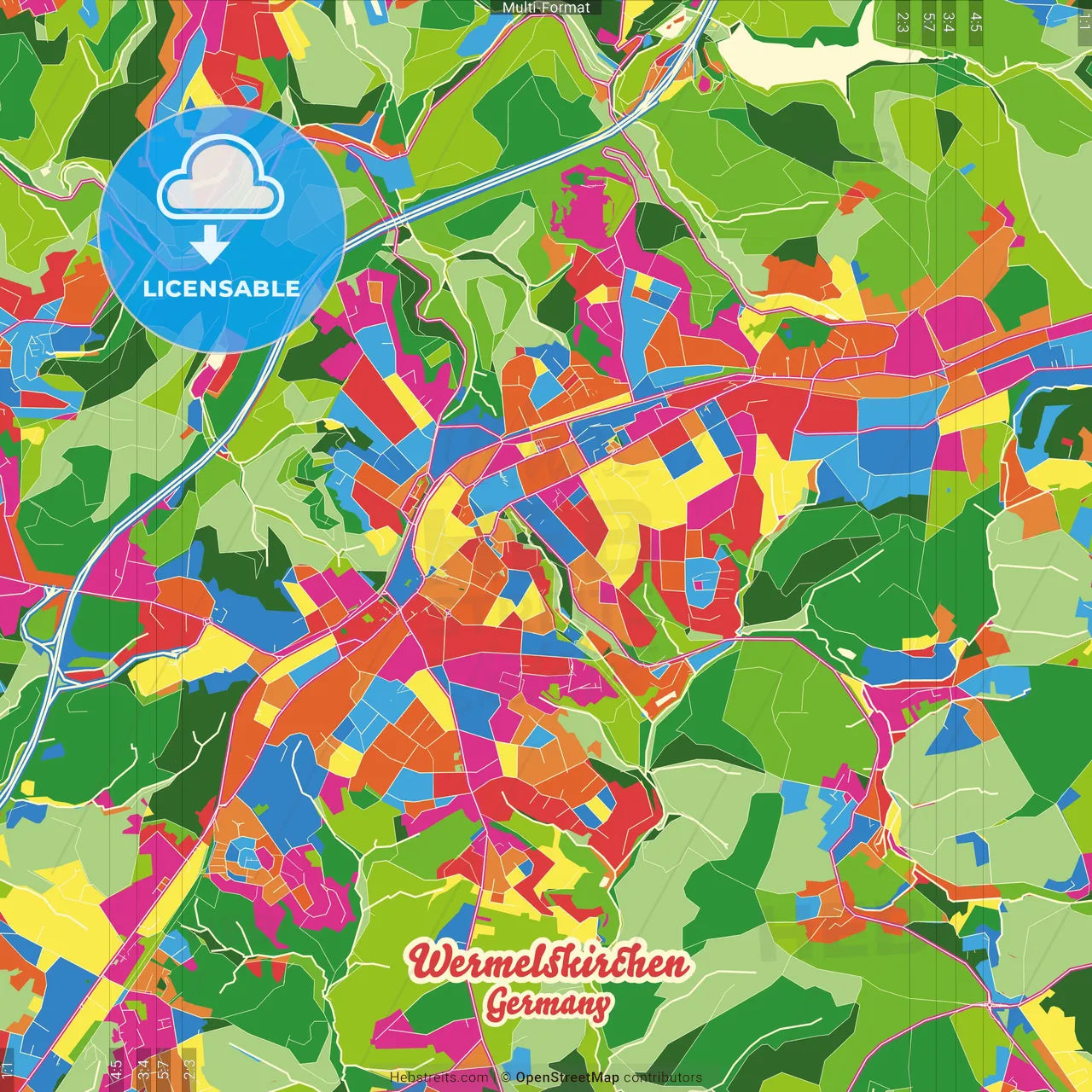 Wermelskirchen, North Rhine-Westphalia, Germany Crazy Colorful Street Map Poster Template