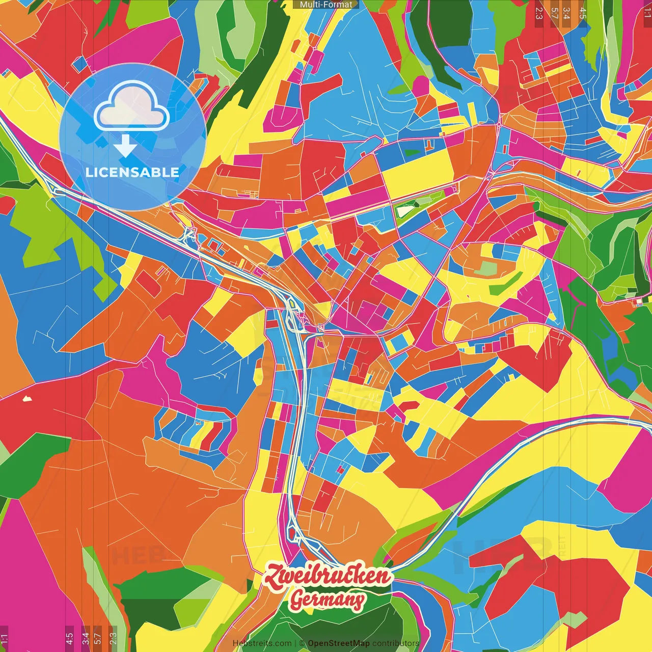 Zweibrucken, Rheinland-Pfalz, Germany Crazy Colorful Street Map Poster Template