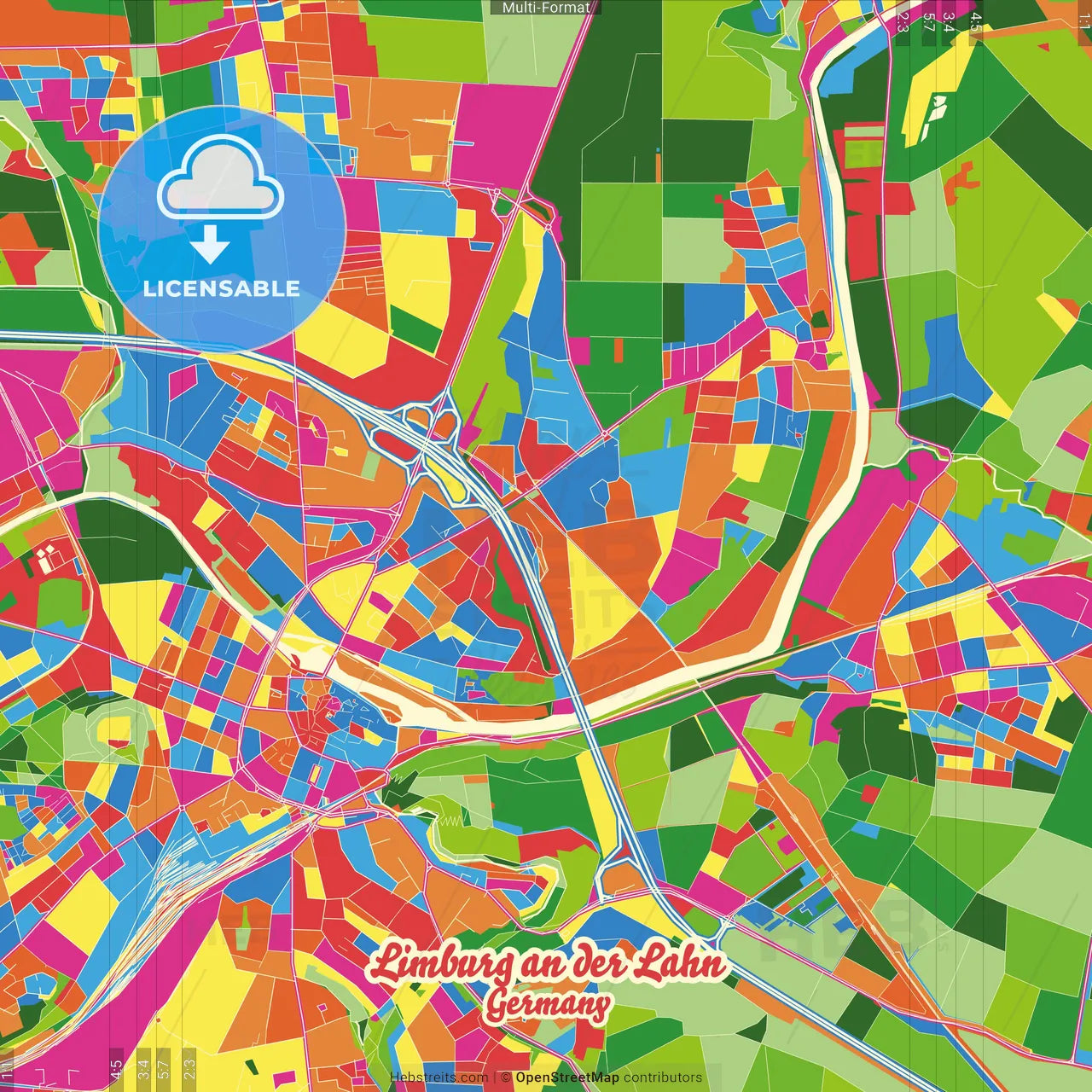 Limburg an der Lahn, Hesse, Germany Crazy Colorful Street Map Poster Template