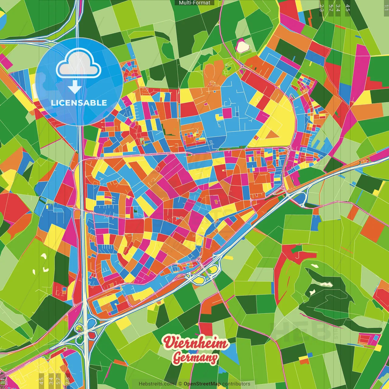 Viernheim, Hesse, Germany Crazy Colorful Street Map Poster Template