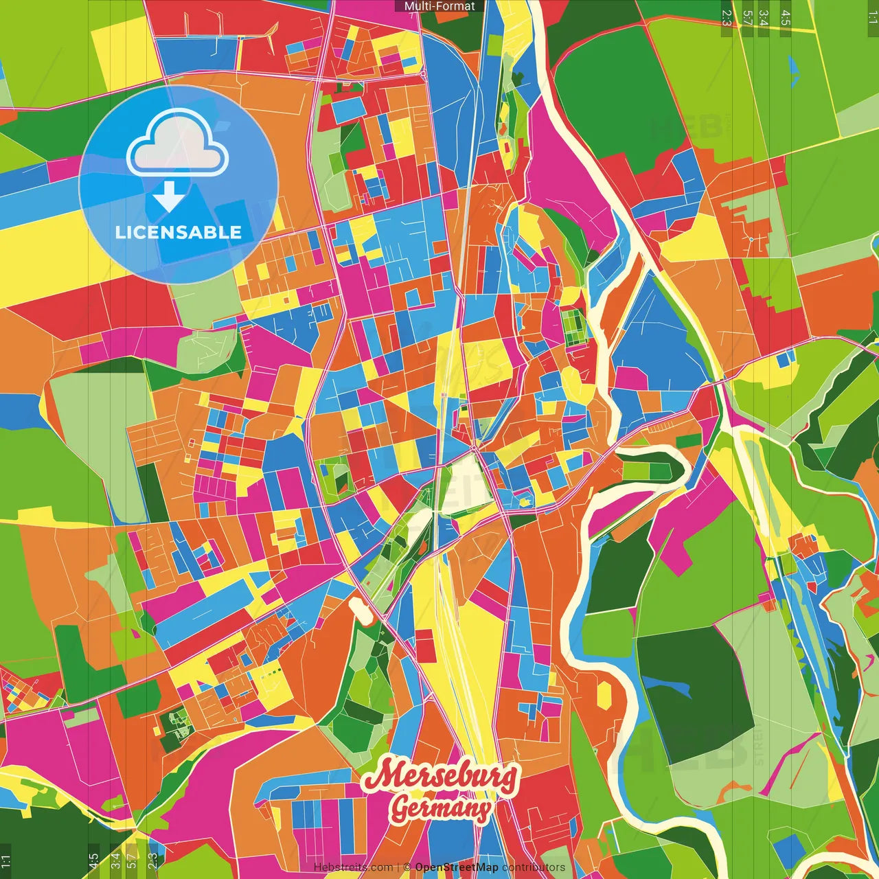 Merseburg, Saxony-Anhalt, Germany Crazy Colorful Street Map Poster Template