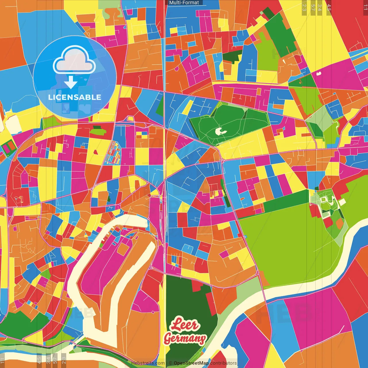 Leer, Lower Saxony, Germany Crazy Colorful Street Map Poster Template