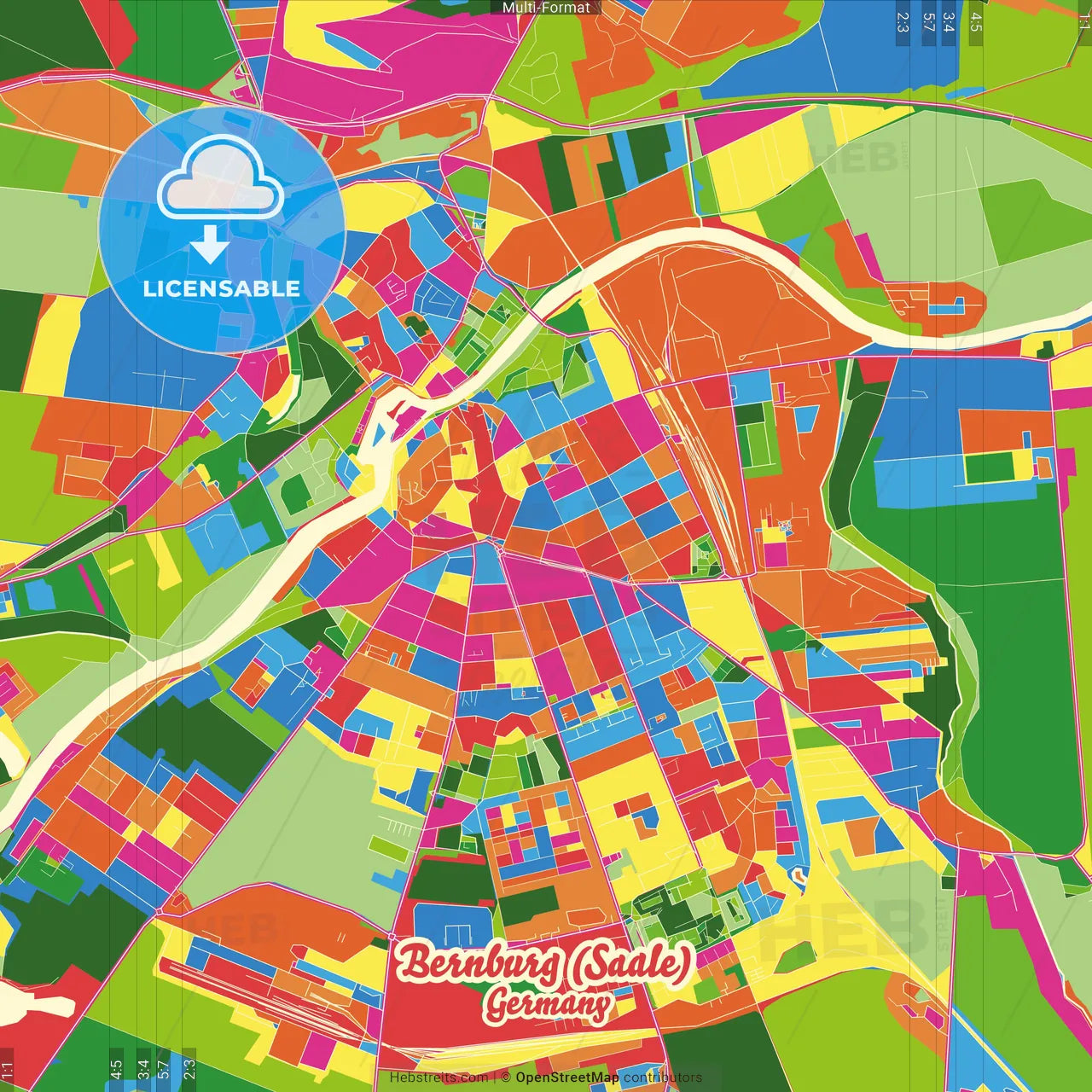 Bernburg (Saale), Saxony-Anhalt, Germany Crazy Colorful Street Map Poster Template