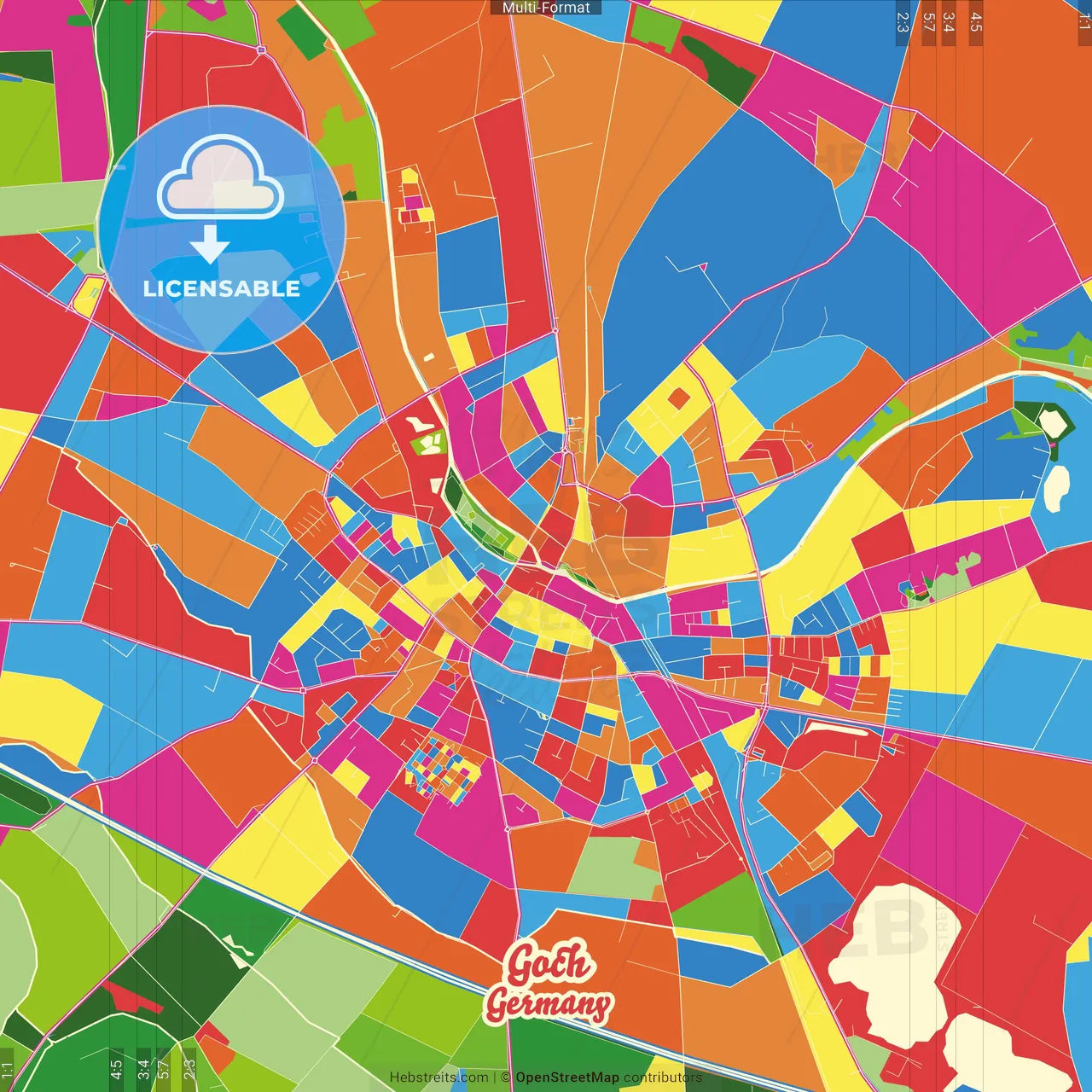 Goch, North Rhine-Westphalia, Germany Crazy Colorful Street Map Poster Template