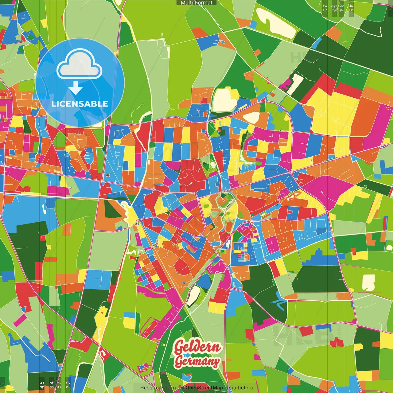 Geldern, North Rhine-Westphalia, Germany Crazy Colorful Street Map Poster Template