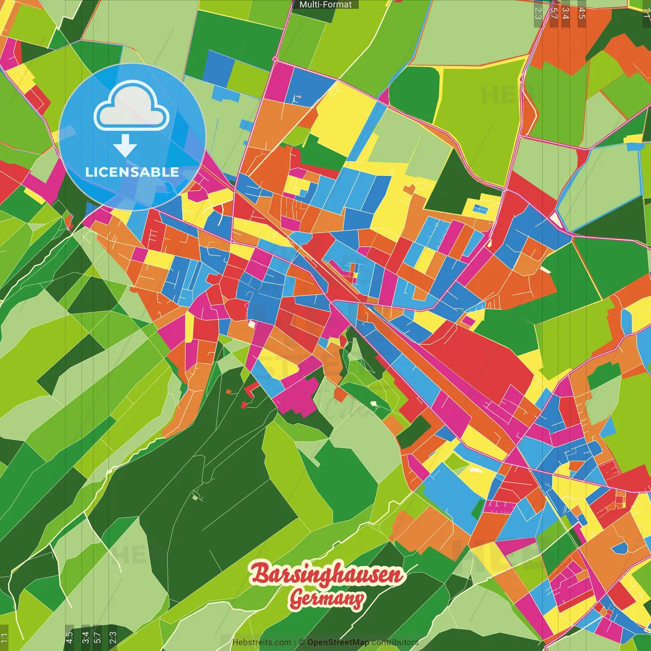 Barsinghausen, Lower Saxony, Germany Crazy Colorful Street Map Poster Template