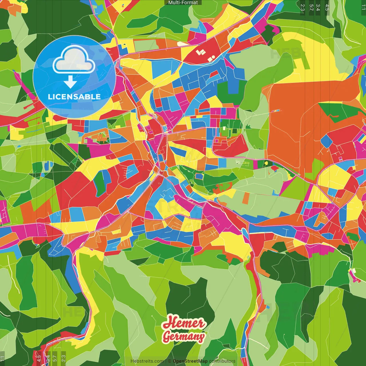 Hemer, North Rhine-Westphalia, Germany Crazy Colorful Street Map Poster Template