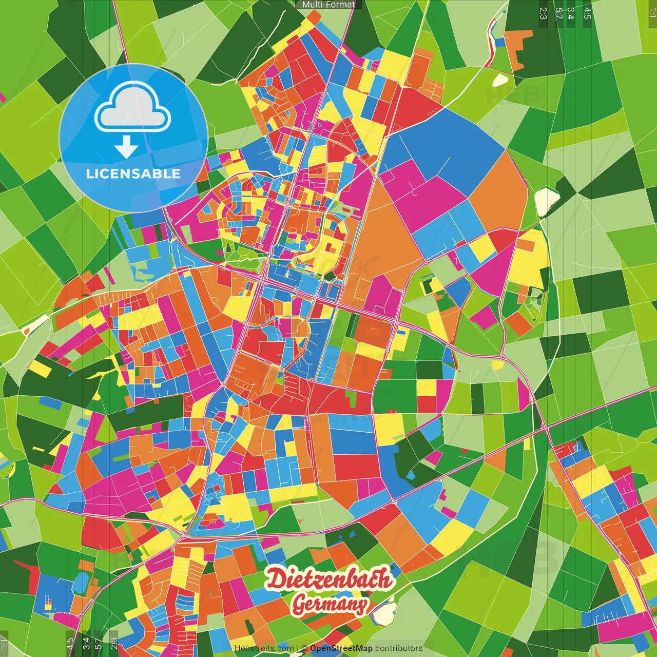 Dietzenbach, Hesse, Germany Crazy Colorful Street Map Poster Template