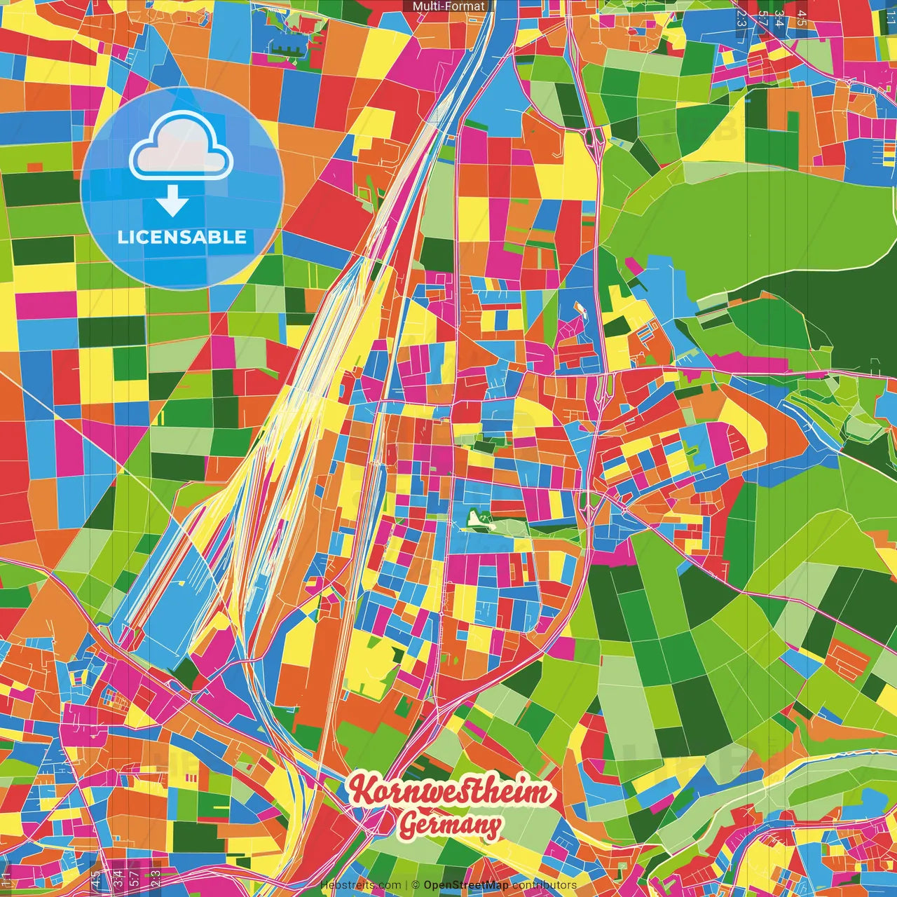 Kornwestheim, Baden-Wuerttemberg, Germany Crazy Colorful Street Map Poster Template