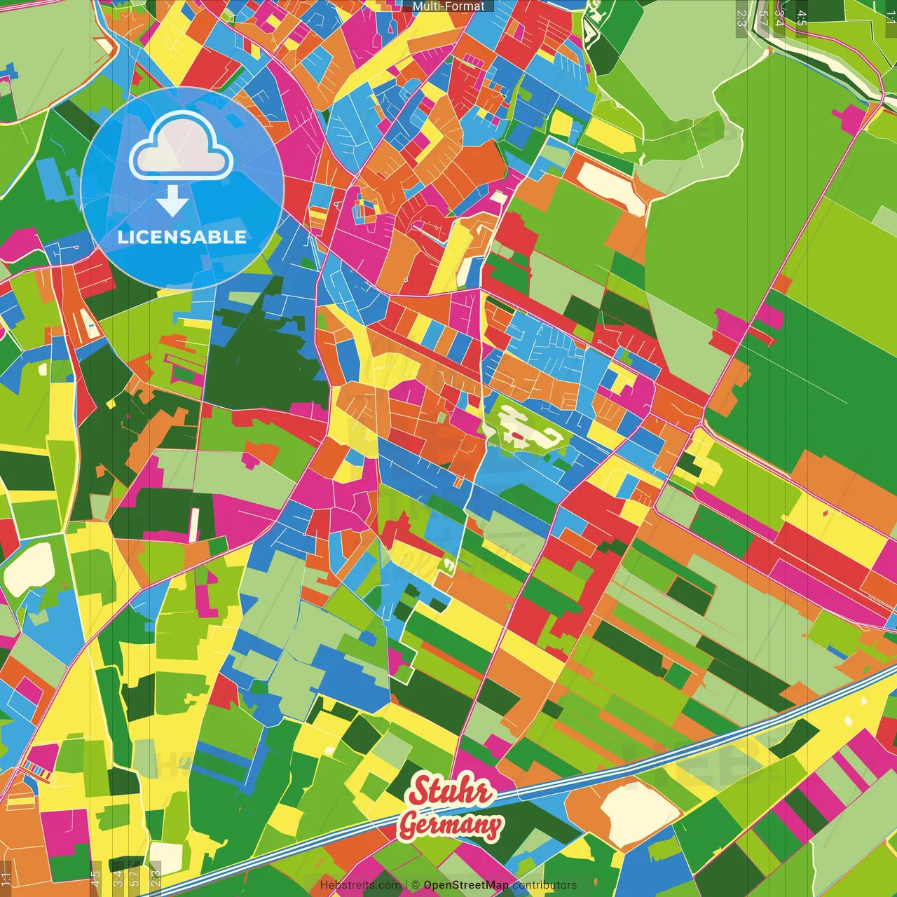 Stuhr, Lower Saxony, Germany Crazy Colorful Street Map Poster Template