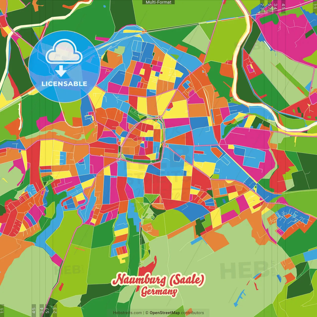 Naumburg (Saale), Saxony-Anhalt, Germany Crazy Colorful Street Map Poster Template