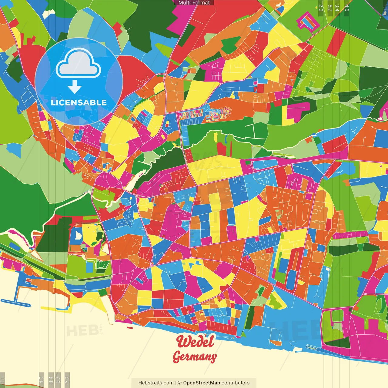 Wedel, Schleswig-Holstein, Germany Crazy Colorful Street Map Poster Template