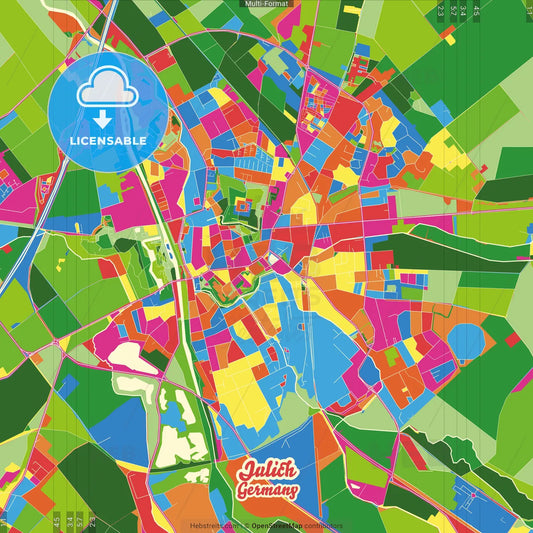 Julich, North Rhine-Westphalia, Germany Crazy Colorful Street Map Poster Template