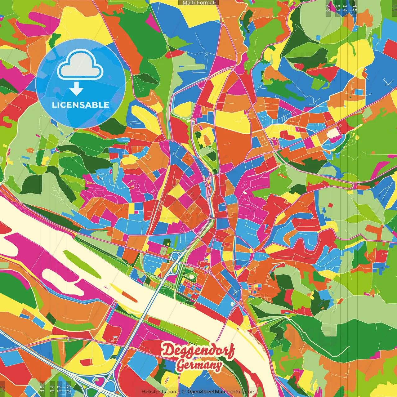 Deggendorf, Bavaria, Germany Crazy Colorful Street Map Poster Template