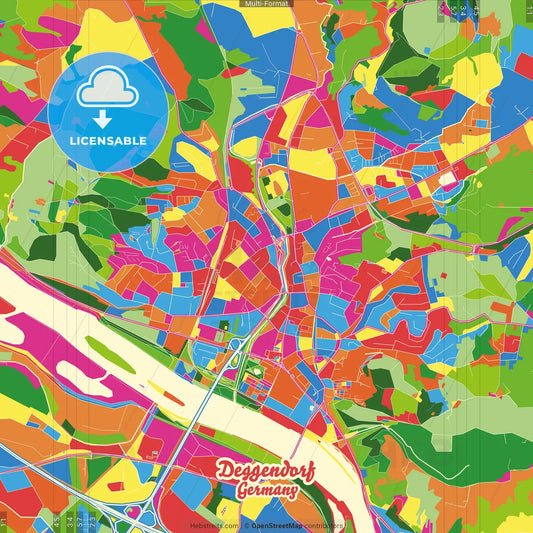 Deggendorf, Bavaria, Germany Crazy Colorful Street Map Poster Template