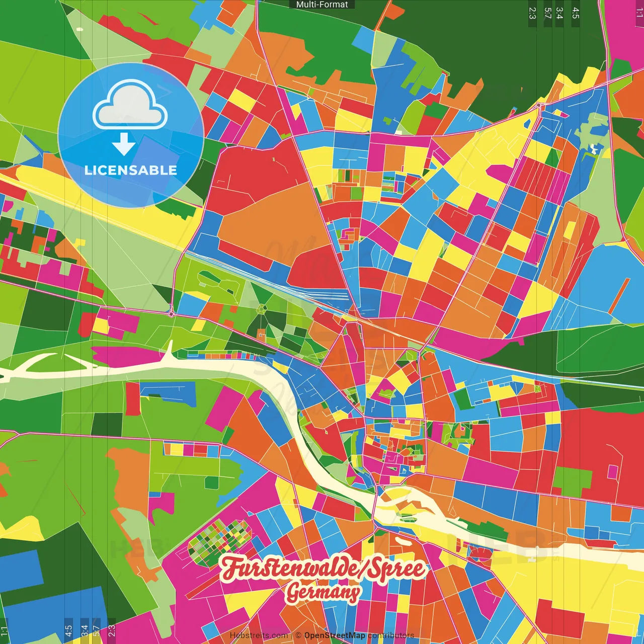 Furstenwalde/Spree, Brandenburg, Germany Crazy Colorful Street Map Poster Template