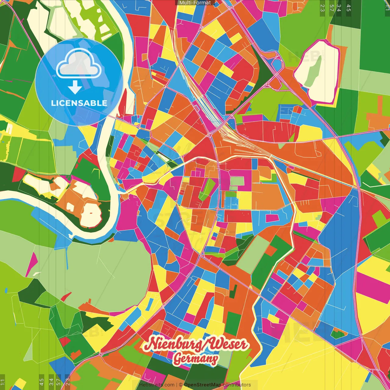 Nienburg/Weser, Lower Saxony, Germany Crazy Colorful Street Map Poster Template