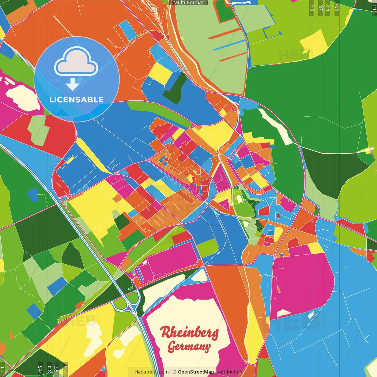 Rheinberg, North Rhine-Westphalia, Germany Crazy Colorful Street Map Poster Template
