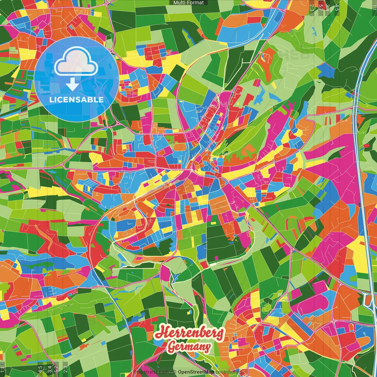 Herrenberg, Baden-Wuerttemberg, Germany Crazy Colorful Street Map Poster Template
