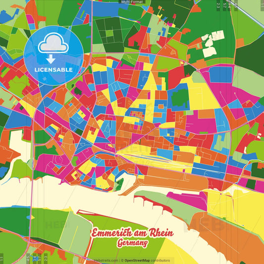 Emmerich am Rhein, North Rhine-Westphalia, Germany Crazy Colorful Street Map Poster Template