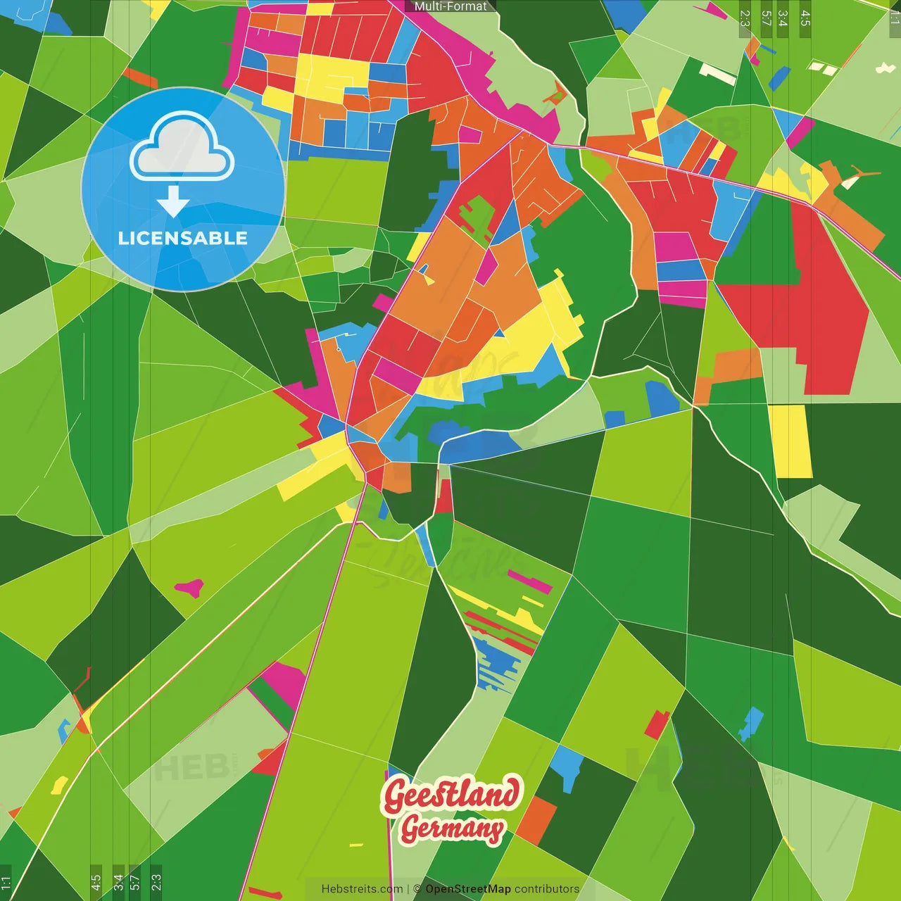 Geestland, Lower Saxony, Germany Crazy Colorful Street Map Poster Template