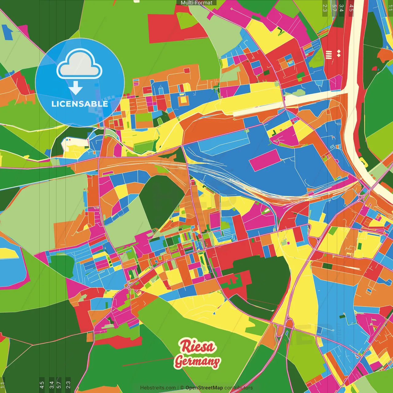 Riesa, Saxony, Germany Crazy Colorful Street Map Poster Template