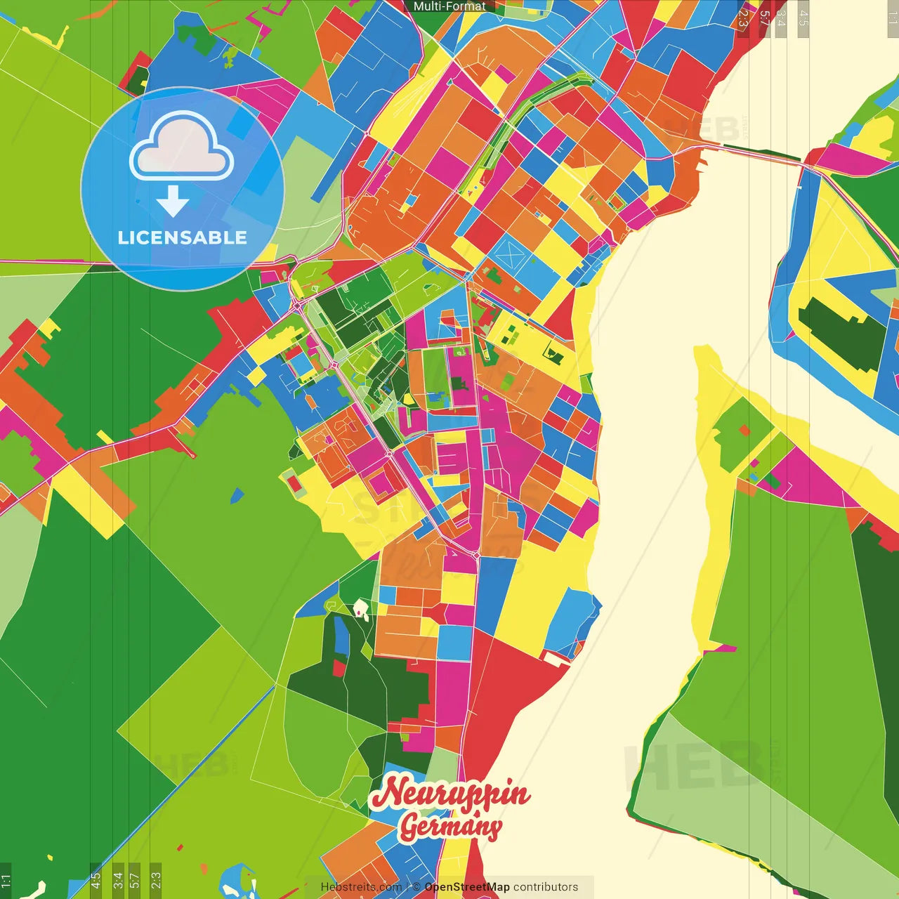 Neuruppin, Brandenburg, Germany Crazy Colorful Street Map Poster Template