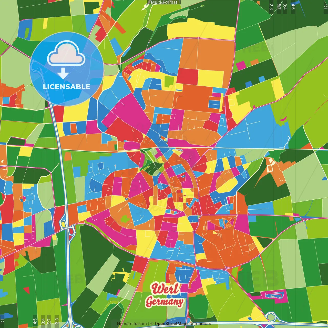 Werl, North Rhine-Westphalia, Germany Crazy Colorful Street Map Poster Template