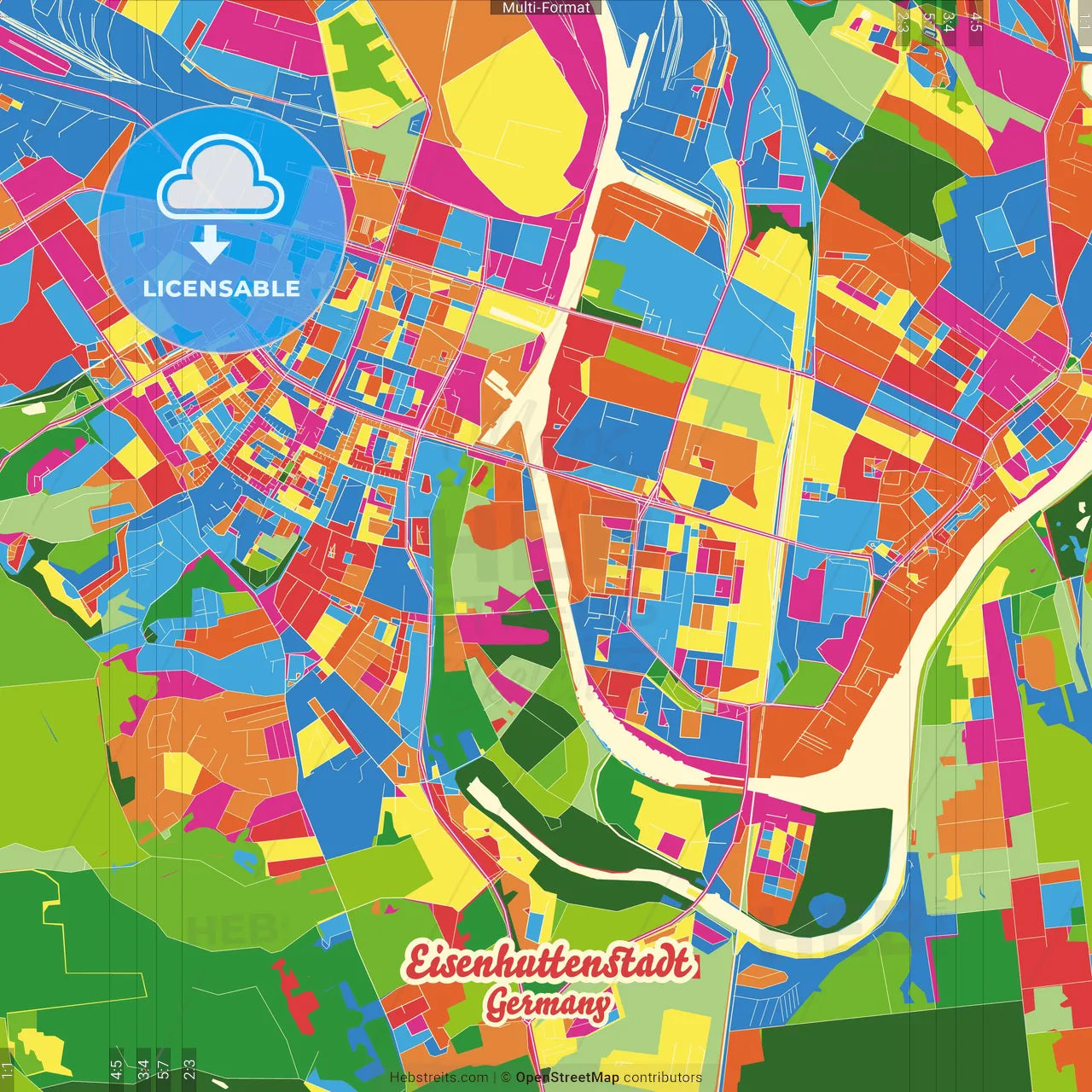 Eisenhuttenstadt, Brandenburg, Germany Crazy Colorful Street Map Poster Template