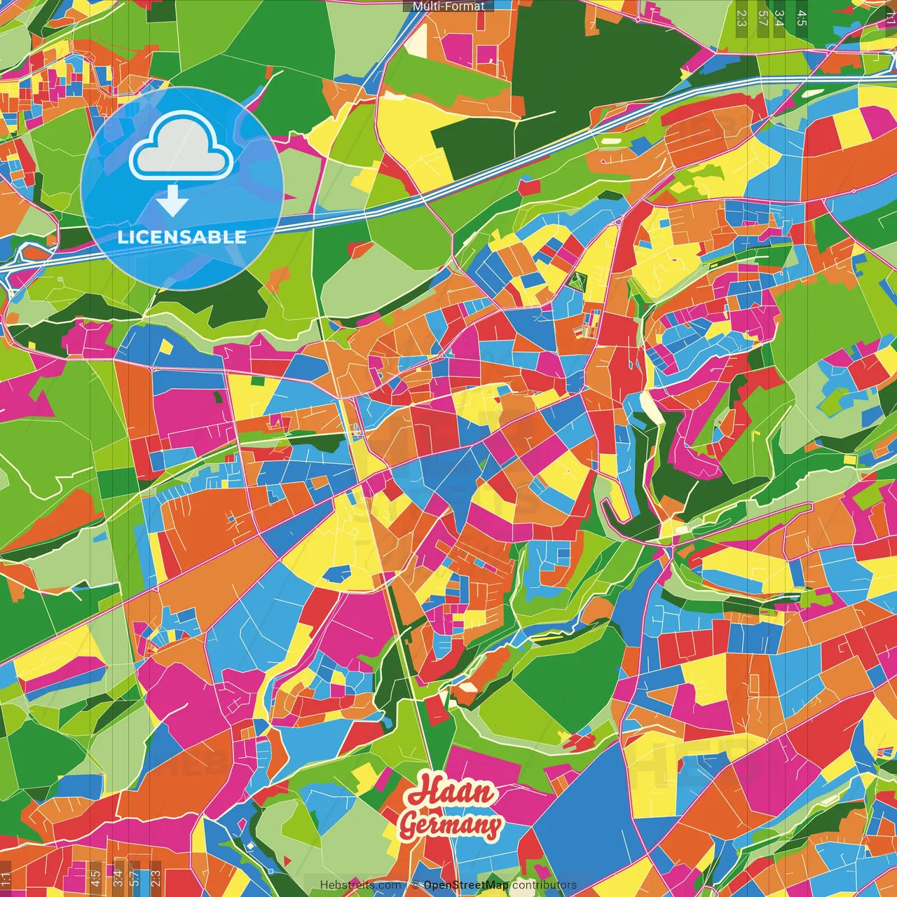 Haan, North Rhine-Westphalia, Germany Crazy Colorful Street Map Poster Template