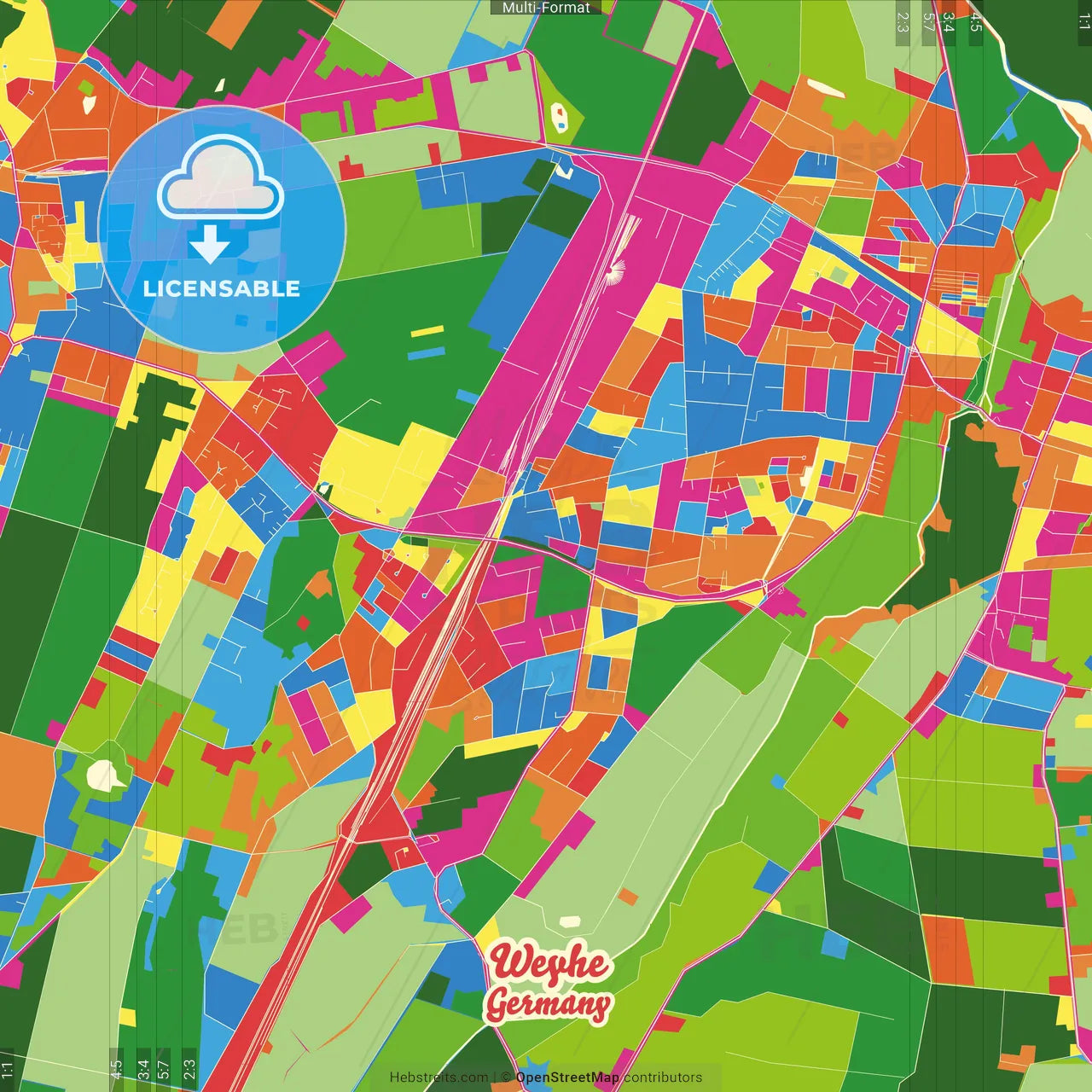 Weyhe, Lower Saxony, Germany Crazy Colorful Street Map Poster Template