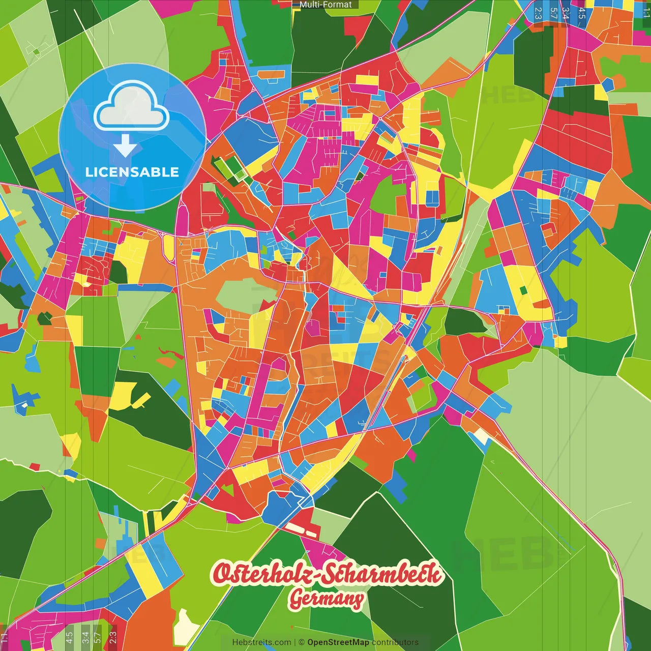 Osterholz-Scharmbeck, Lower Saxony, Germany Crazy Colorful Street Map Poster Template
